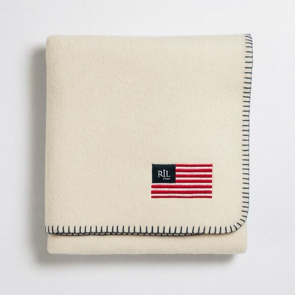 Ralph Lauren RLL Fleece Throw Blanket American Flag Logo Cream White 50x60 USA - Picture 1 of 13